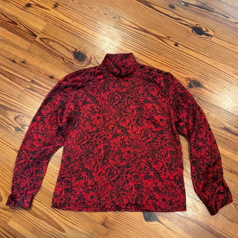 VTG Oleg Cassini Silk Blouse Red Floral Rose Turtleneck Button Shoulder Top 8